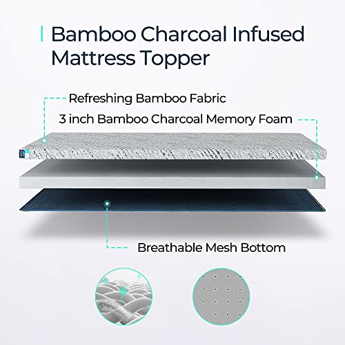 LINSY LIVING Mattress Topper Full Bamboo Charcoal Infused Memory Foam Mattress Topper, 3 Inches Cooling Bed Topper Full Size with Bamboo Fiber Cover, CertiPUR-US & Oeko-TEX Certified, Full