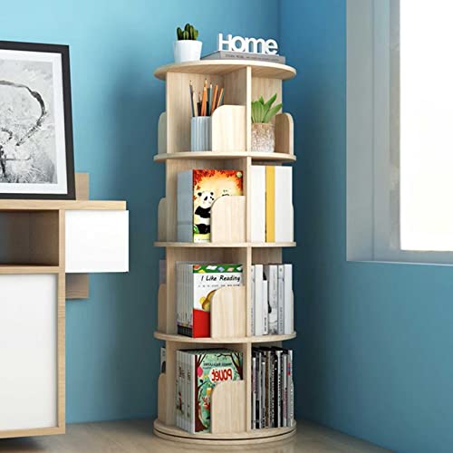 TNUEEIO 4-Tier Wooden Rotating Bookshelf,Natural Wood Revolving Floor Standing Bookcase 360 Display Corner Storage Rack for Kids Adults, Stackable Shelves Bookshelf Organizer