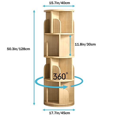 TNUEEIO 4-Tier Wooden Rotating Bookshelf,Natural Wood Revolving Floor Standing Bookcase 360 Display Corner Storage Rack for Kids Adults, Stackable Shelves Bookshelf Organizer