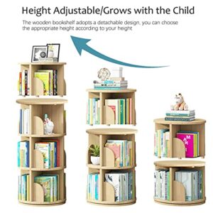 TNUEEIO 4-Tier Wooden Rotating Bookshelf,Natural Wood Revolving Floor Standing Bookcase 360 Display Corner Storage Rack for Kids Adults, Stackable Shelves Bookshelf Organizer