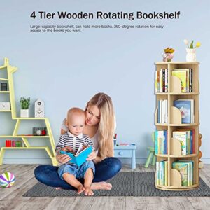 TNUEEIO 4-Tier Wooden Rotating Bookshelf,Natural Wood Revolving Floor Standing Bookcase 360 Display Corner Storage Rack for Kids Adults, Stackable Shelves Bookshelf Organizer