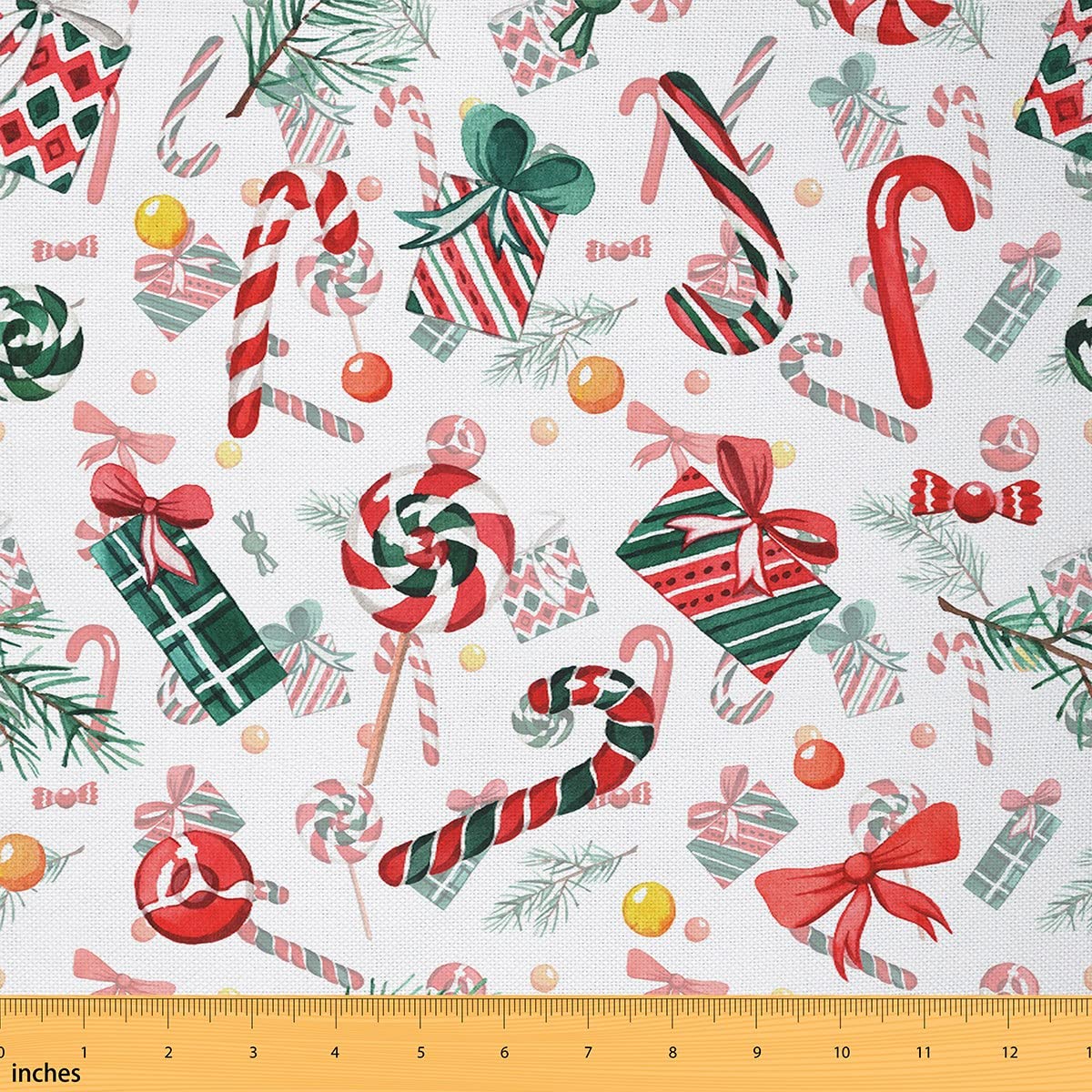 Merry Christmas Fabric, Xmas Bell Decorative Fabric by The Yard, Candy Cane Stripe Outdoor Fabric, Christmas Gift Box Bowknot Waterproof Fabric, Craft Patchwork DIY Sewing Gift, 1 Yard, Red Green