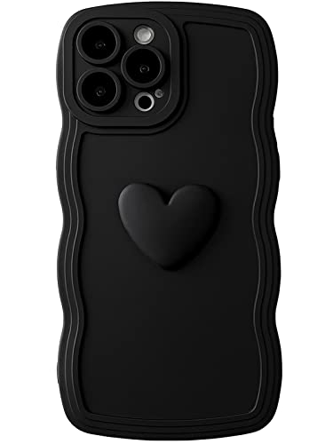 Qokey for iPhone 12 Pro Max Case(6.7" 2020), Cute 3D Colors Love Heart Wavy Frame Full Protection 6.7" Soft TPU Shockproof Phone Cover Women Girls,Black