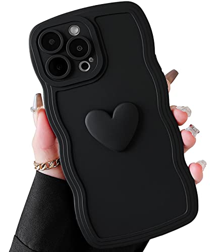 Qokey for iPhone 12 Pro Max Case(6.7" 2020), Cute 3D Colors Love Heart Wavy Frame Full Protection 6.7" Soft TPU Shockproof Phone Cover Women Girls,Black