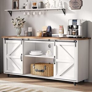 farmhouse coffee bar cabinet with storage, 58’’ kitchen sideboard buffet storage cabinet with sliding barn door, white cabinet with adjustable shelves, buffet table for living dining room