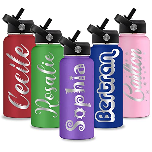 Farmelov Personalized Water Bottles Custom Name Insulated Water Bottle with Straw, Engraved Waterbottle Customized Gifts for Kids School Girls Boys Men Women - 24oz