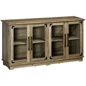 homcom farmhouse sideboard, buffet cabinet, coffee bar cabinet with 4 glass doors, credenza, distressed grey