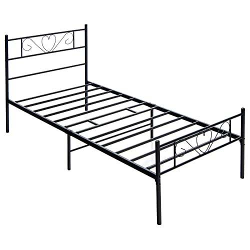 Giantex Twin XL Bed Frame, Metal Platform Bed with Heart-Shaped Headboard & Footboard, Mattress Foundation, Heavy-Duty Steel Slat Support, No Box Spring Needed, Easy Assembly, Black