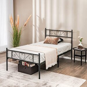 giantex twin xl bed frame, metal platform bed with heart-shaped headboard & footboard, mattress foundation, heavy-duty steel slat support, no box spring needed, easy assembly, black