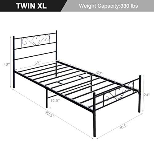 Giantex Twin XL Bed Frame, Metal Platform Bed with Heart-Shaped Headboard & Footboard, Mattress Foundation, Heavy-Duty Steel Slat Support, No Box Spring Needed, Easy Assembly, Black