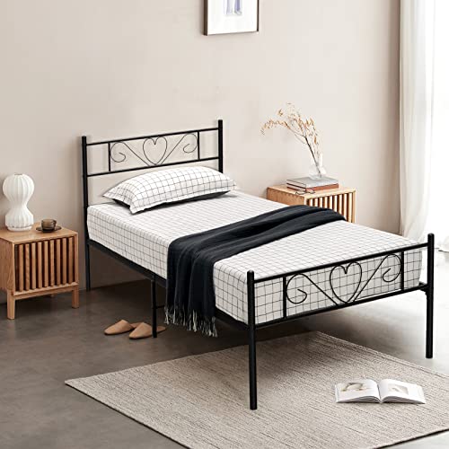 Giantex Twin XL Bed Frame, Metal Platform Bed with Heart-Shaped Headboard & Footboard, Mattress Foundation, Heavy-Duty Steel Slat Support, No Box Spring Needed, Easy Assembly, Black