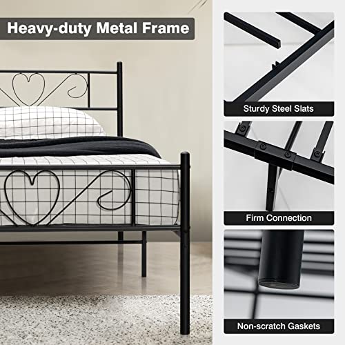 Giantex Twin XL Bed Frame, Metal Platform Bed with Heart-Shaped Headboard & Footboard, Mattress Foundation, Heavy-Duty Steel Slat Support, No Box Spring Needed, Easy Assembly, Black