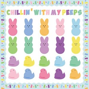119pcs easter chick bunny bulletin board decoration cutouts set contain chick, bunny, candy bunny chick border with characters about easter character happy easter and classroom decoration