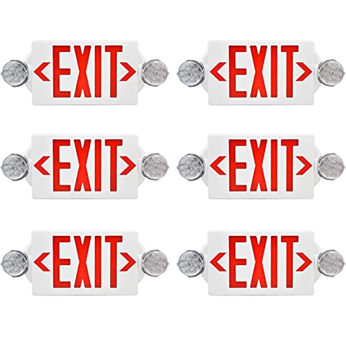 Pendtlit Red LED Exit Sign Emergency Lights with 2 Adjustable Head Lights, Red Letter Emergency Exit Lighting With Battery backup For Restaurant, Commercial, Family Emergency , UL-Listed, 120-277V, 6PCS