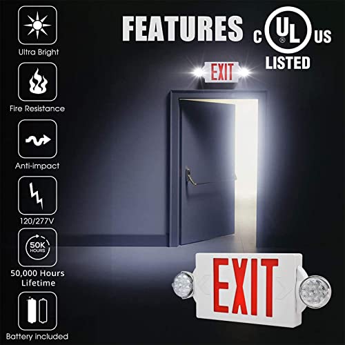 Pendtlit Red LED Exit Sign Emergency Lights with 2 Adjustable Head Lights, Red Letter Emergency Exit Lighting With Battery backup For Restaurant, Commercial, Family Emergency , UL-Listed, 120-277V, 6PCS