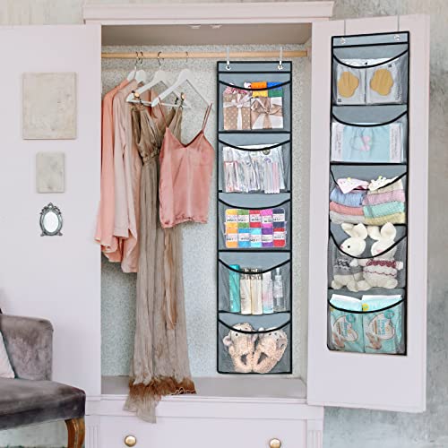 Fixwal 2 Pack Over The Door Organizer with 5 Large Pockets Foldable Hanging Closet Storage Baby Essentials Sundries Stuffed Animal Storage with 2 Metal Hooks