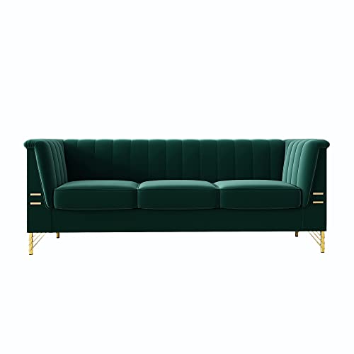 yunqishi SHUFU 83.46" W Green Modern Velvet Sofa Couch with Metal Gold Legs, 3-Seater High Arm Upholstered Emerald Green Sofa for Living Room, Bedroom, Office (Green)