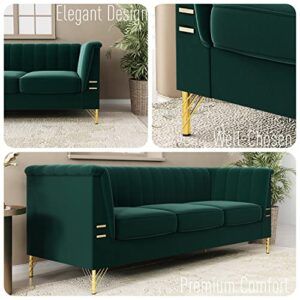 yunqishi SHUFU 83.46" W Green Modern Velvet Sofa Couch with Metal Gold Legs, 3-Seater High Arm Upholstered Emerald Green Sofa for Living Room, Bedroom, Office (Green)