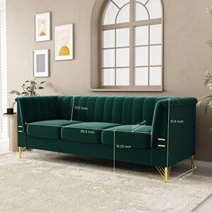 yunqishi SHUFU 83.46" W Green Modern Velvet Sofa Couch with Metal Gold Legs, 3-Seater High Arm Upholstered Emerald Green Sofa for Living Room, Bedroom, Office (Green)