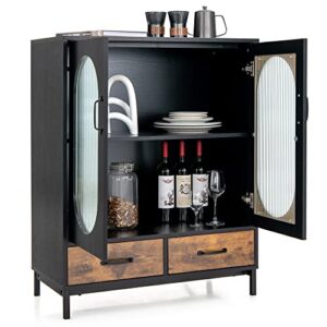 loko buffet cabinet with storage, kitchen sideboard cabinet with tempered glass doors and drawers, industrial style cupboard credenza storage cabinet, 31.5 x 16 x 39.5 inches