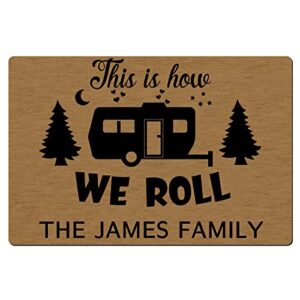 personalized camper rugs,custom camper door rugs with name,camping signs for campers,camping rv doormat decorations,camper accessories for inside outside motorhomes,30x18 in