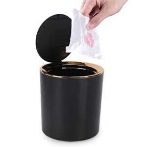 mini trash can with lid, small desktop trash can 2.5l, tiny waste basket for bathroom, powder room, bedroom, kitchen, office (black)