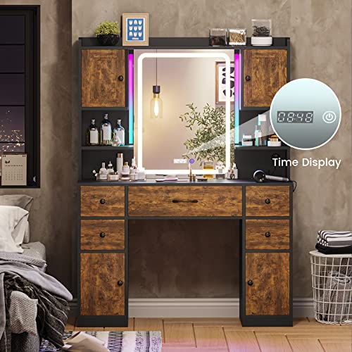 Tiptiper Makeup Vanity with Lights & Charging Station, Vanity Table with Time Display Mirror, Ambient Light, Storage Cabinets, Rustic Brown and Black