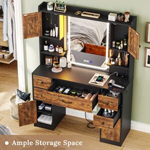 Tiptiper Makeup Vanity with Lights & Charging Station, Vanity Table with Time Display Mirror, Ambient Light, Storage Cabinets, Rustic Brown and Black