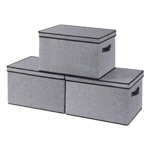 yheenlf fabric storage boxes,storage baskets for shelves with lids, fabric storage bins with handles, decorative linen closet organizers boxes,medium, gray, 3-pack