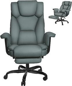 toszn reclining executive office chair with footrest, high back big and tall office chair 400lbs wide seat 180° backrest, ergonomic leather managerial desk office chair for heavy people, grey green