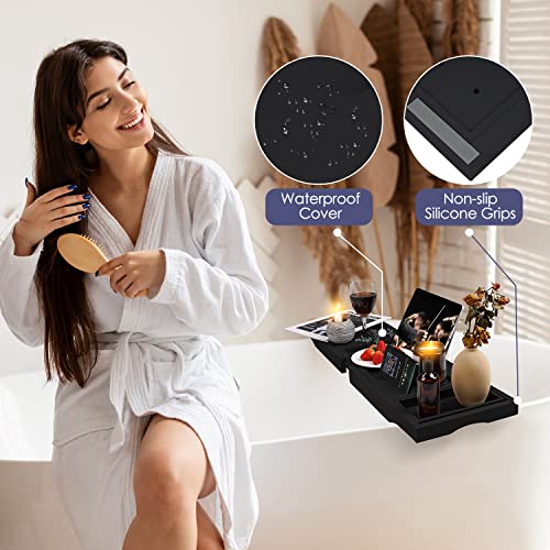 Foldable Bathtub Caddy Tray, Bamboo Bath Tub Tray Table for Tub with Wine Glass Holder Book Phone Tablet Holder with Extending Sides, Adjustable Bathroom Bathtub Free Soap Holder Gift Idea (Black)