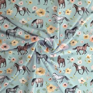 Mint Floral Wild Horses Printed Liverpool Bullet Fabric Textured Knit 4 Way Stretch - 6" Strip