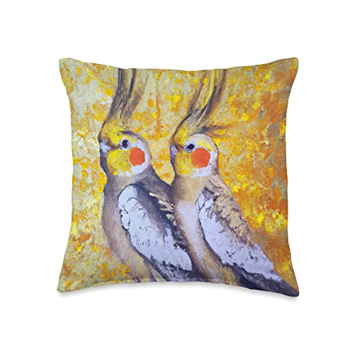 Cockatiel Parakeet Bird Lover Cockatiel Couple Portrait Gustav Klimt Art Style Throw Pillow, 16x16, Multicolor