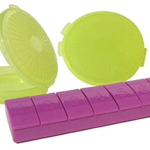 Tupperware 7 Day Pill Keeper Divided Organizer Round Clamshell Purple and Green Set