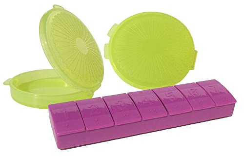 Tupperware 7 Day Pill Keeper Divided Organizer Round Clamshell Purple and Green Set