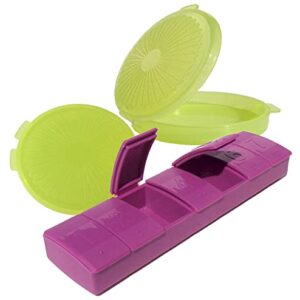 Tupperware 7 Day Pill Keeper Divided Organizer Round Clamshell Purple and Green Set