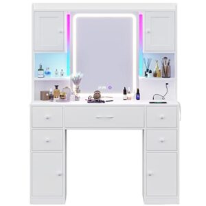 tiptiper large vanity desk with mirror & lights, makeup vanity with lights & charging station, vanity table with smart mirror with time display, makeup table with 5 drawers, white (v-l)