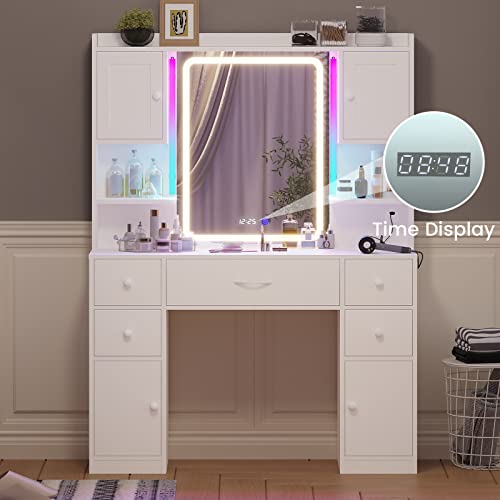Tiptiper Large Vanity Desk with Mirror & Lights, Makeup Vanity with Lights & Charging Station, Vanity Table with Smart Mirror with Time Display, Makeup Table with 5 Drawers, White (V-L)