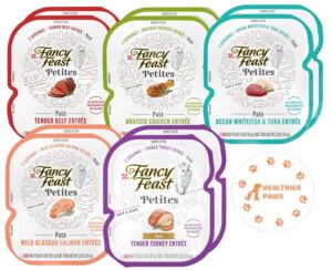 fancy feast petites pate wet cat food variety 5 flavor pack / 20 servings/beef, chicken, ocean whitefish & tuna, salmon and turkey with healthier paw sticker plus colorful plush ball cat toy