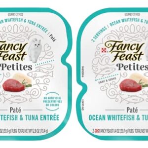 Fancy Feast Petites Pate Wet Cat Food Variety 5 Flavor Pack / 20 Servings/Beef, Chicken, Ocean Whitefish & Tuna, Salmon and Turkey with Healthier Paw Sticker Plus Colorful Plush Ball Cat Toy