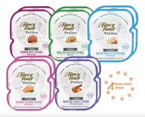 fancy feast gourmet petites in gravy wet cat food variety 5 flavor pack / 20 servings / beef, chicken, ocean whitefish & tuna, salmon and turkey with healthier paw sticker!!