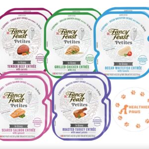 Fancy Feast Gourmet Petites in Gravy Wet Cat Food Variety 5 Flavor Pack / 20 Servings / Beef, Chicken, Ocean Whitefish & Tuna, Salmon and Turkey with Healthier Paw Sticker!!