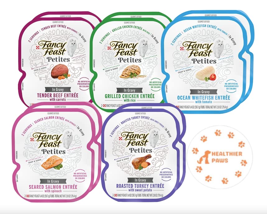 Fancy Feast Gourmet Petites in Gravy Wet Cat Food Variety 5 Flavor Pack / 20 Servings / Beef, Chicken, Ocean Whitefish & Tuna, Salmon and Turkey with Healthier Paw Sticker!!