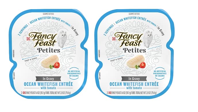 Fancy Feast Gourmet Petites in Gravy Wet Cat Food Variety 5 Flavor Pack / 20 Servings / Beef, Chicken, Ocean Whitefish & Tuna, Salmon and Turkey with Healthier Paw Sticker!!