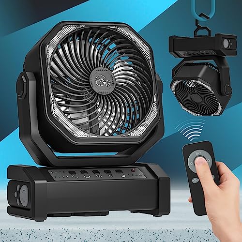 CRST 20000mAh Battery Operated Oscillating Fan with Remote, LED Light, Timer and Hook 4 Speed Rechargeable Personal USB Camping Fan for Jobsite Tent Emergency