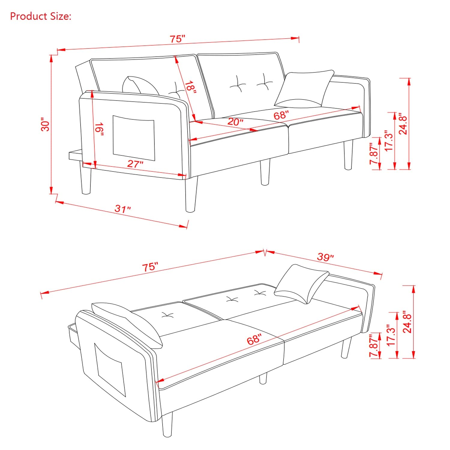 SULOPS Futon Sofa Bed, Folding Couch 3 Seats Convertible Sofabed 75" W Upholstered Sleeper Sofa Bed Couch Modern Fabric Sofa with Pillows for Living Room/Dorm/Office (White)