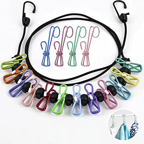 Retractable Travel Essentials Portable Clothesline Non-Slip Buckle Clothes Line Indoor Laundry Drying Clothing Line Travel Must Haves(12 Colorful Clothes Clips 13 Anti-Skid Clips 4 Long Tail Clip)