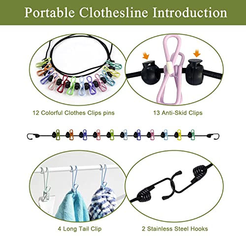 Retractable Travel Essentials Portable Clothesline Non-Slip Buckle Clothes Line Indoor Laundry Drying Clothing Line Travel Must Haves(12 Colorful Clothes Clips 13 Anti-Skid Clips 4 Long Tail Clip)