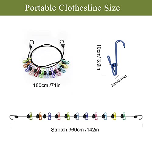 Retractable Travel Essentials Portable Clothesline Non-Slip Buckle Clothes Line Indoor Laundry Drying Clothing Line Travel Must Haves(12 Colorful Clothes Clips 13 Anti-Skid Clips 4 Long Tail Clip)