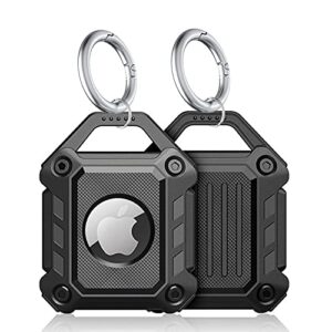 [2 pack] lustam airtag keychain holder case with key ring loop, polycarbonate fullbody shockproof drop proof rugged protector hard case for apple air tag finder - black